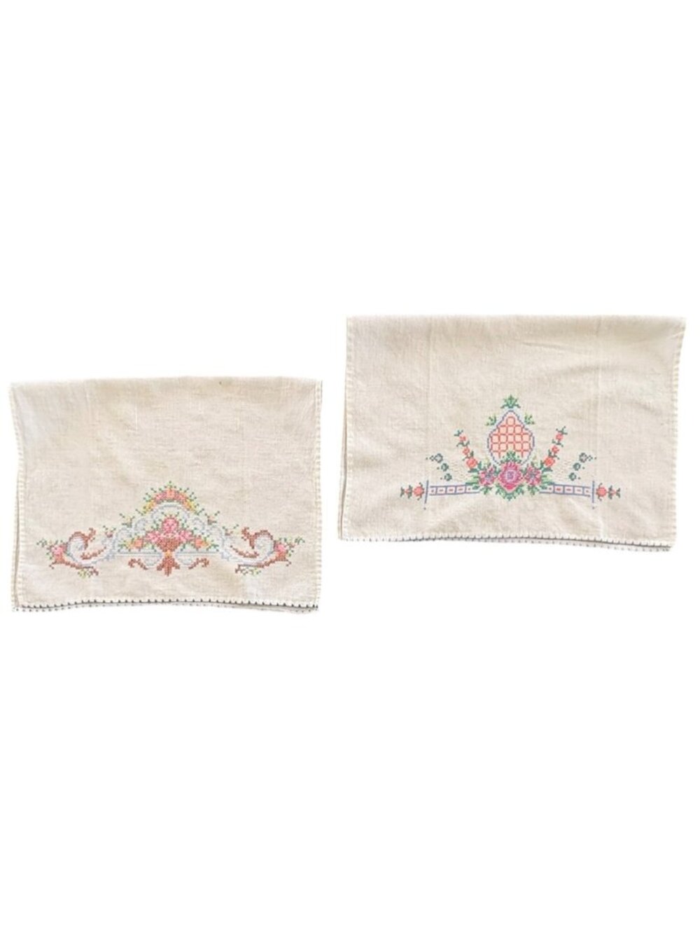 VTG Needlepoint Handkerchiefs Mismatched Set Of Two With Finished Edges